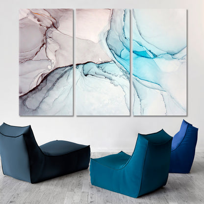 Turquoise Gray Marble Oriental Alcohol Ink Painting Fluid Art, Oriental Marbling Canvas Print Artesty 3 panels 36" x 24" 