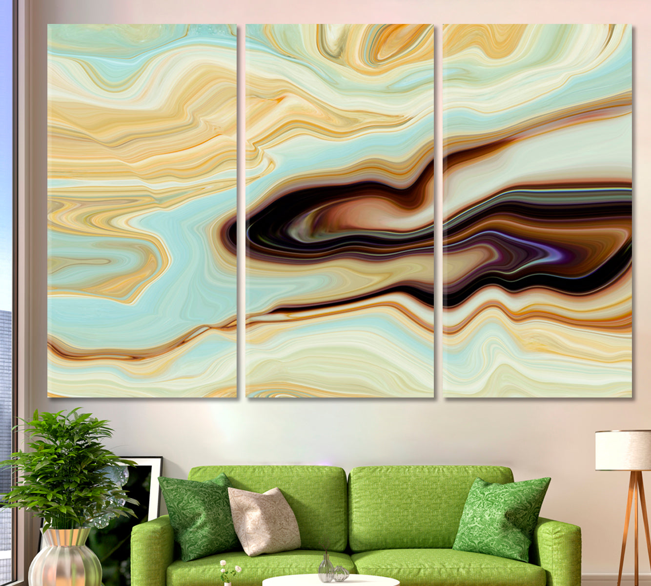 Abstract Marble Swirls Fluid Marbling Effect Subtle Veining Accents Fluid Art, Oriental Marbling Canvas Print Artesty 3 panels 36" x 24" 