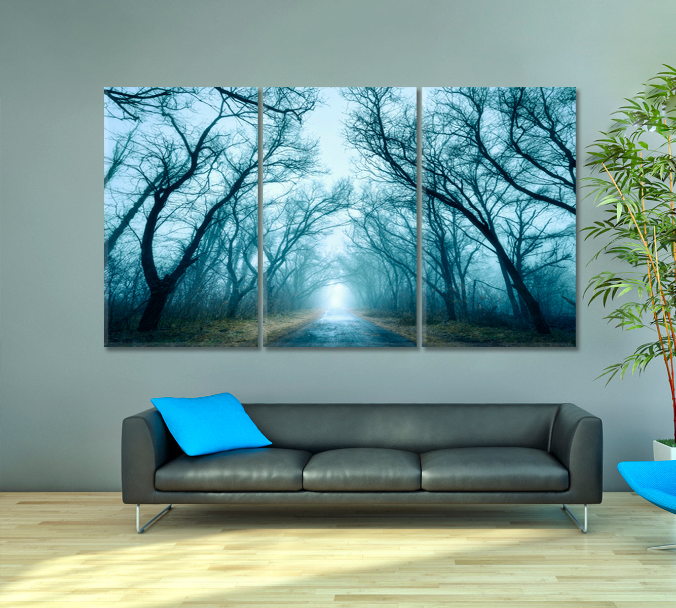 MORNING Mysterious Dark Autumn Stunning Misty Forest Fogy Road Trees Branches Nature Wall Canvas Print Artesty 3 panels 36" x 24" 