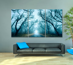 MORNING Mysterious Dark Autumn Stunning Misty Forest Fogy Road Trees Branches Nature Wall Canvas Print Artesty 3 panels 36" x 24" 