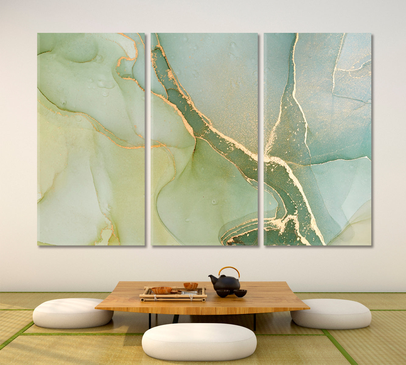 Soft Green Blue Pastel Ink Colors Marble Abstract Fluid Art, Oriental Marbling Canvas Print Artesty 3 panels 36" x 24" 