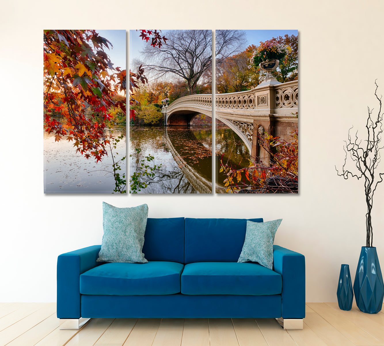 AUTUMN Bow Bridge Over Lake Central Park New York City Poster Cities Wall Art Artesty 3 panels 36" x 24" 