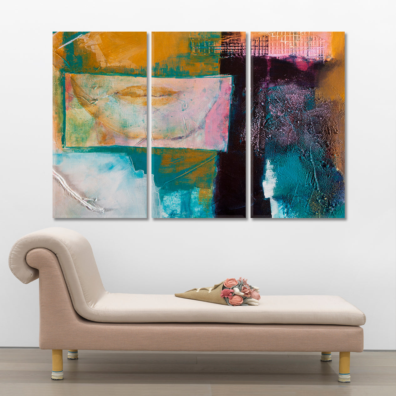 Modern Abstract Green Blue Orange Pink Purple Art Abstract Art Print Artesty 3 panels 36" x 24" 