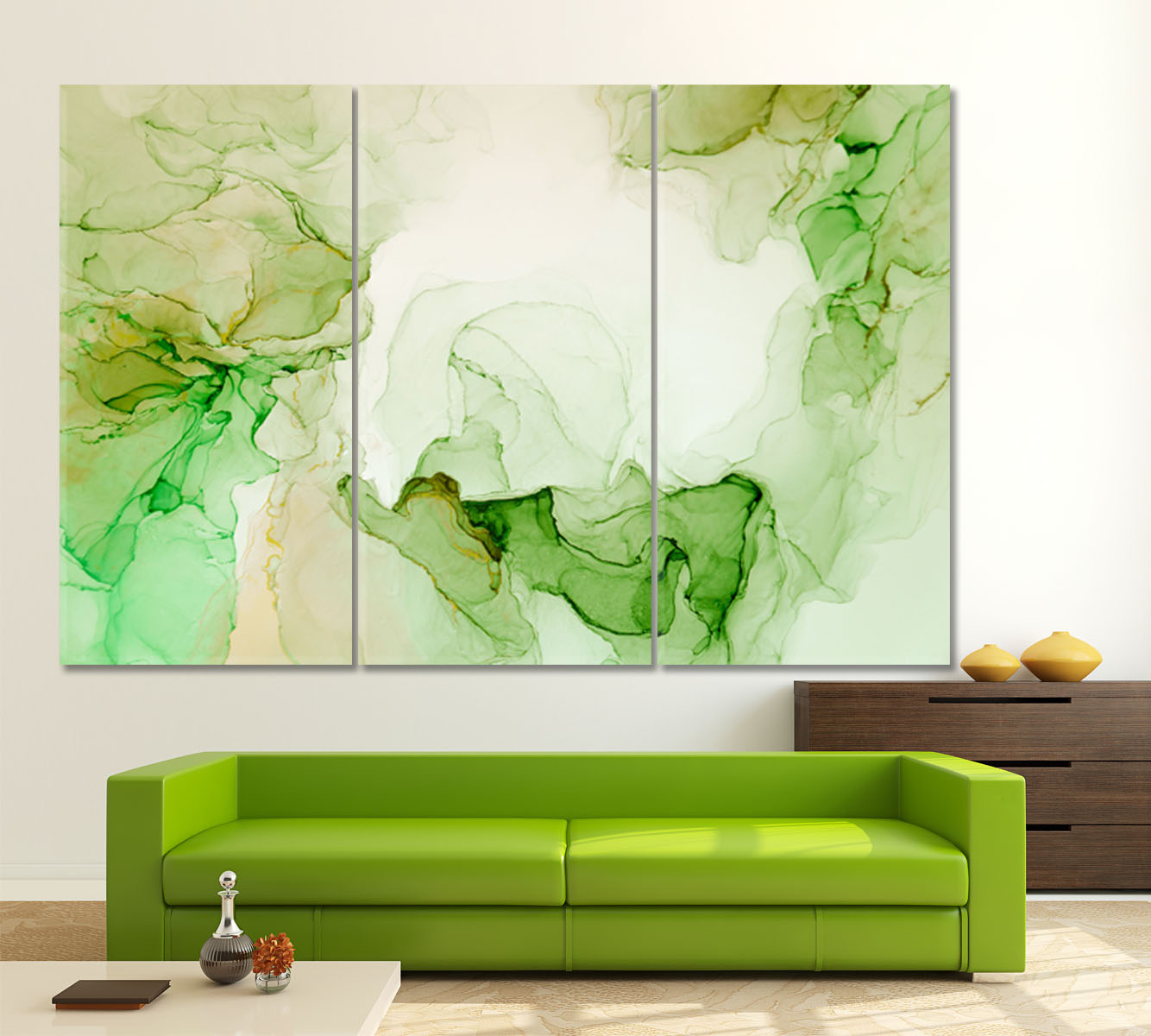Ink Abstract Soft Green Color Bright Modern Contemporary Fluid Art, Oriental Marbling Canvas Print Artesty 3 panels 36" x 24" 