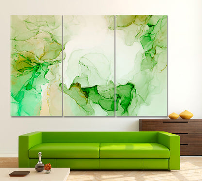 Ink Abstract Soft Green Color Bright Modern Contemporary Fluid Art, Oriental Marbling Canvas Print Artesty 3 panels 36" x 24" 