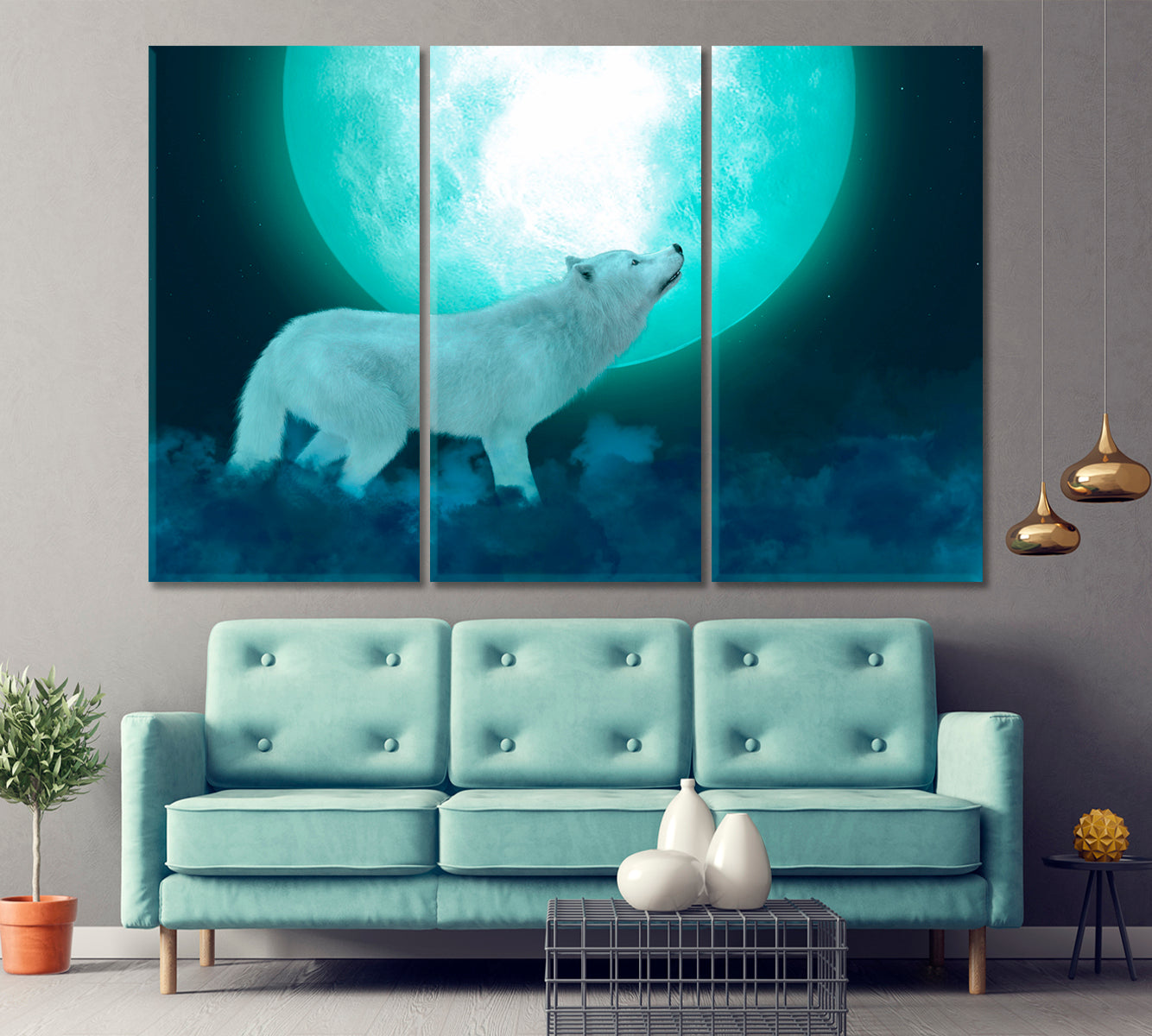 Majestic White Wolf And Big Moon Poster Animals Canvas Print Artesty 3 panels 36" x 24" 