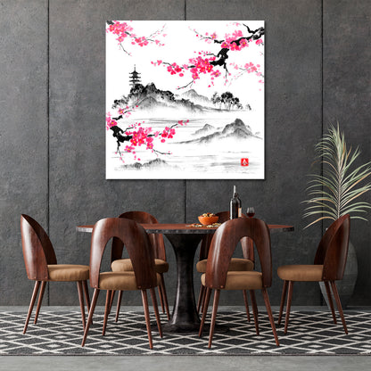 Oriental Landscape Sakura Branches Lake Hills Traditional Japanese Art | Square Asian Style Canvas Print Wall Art Artesty   