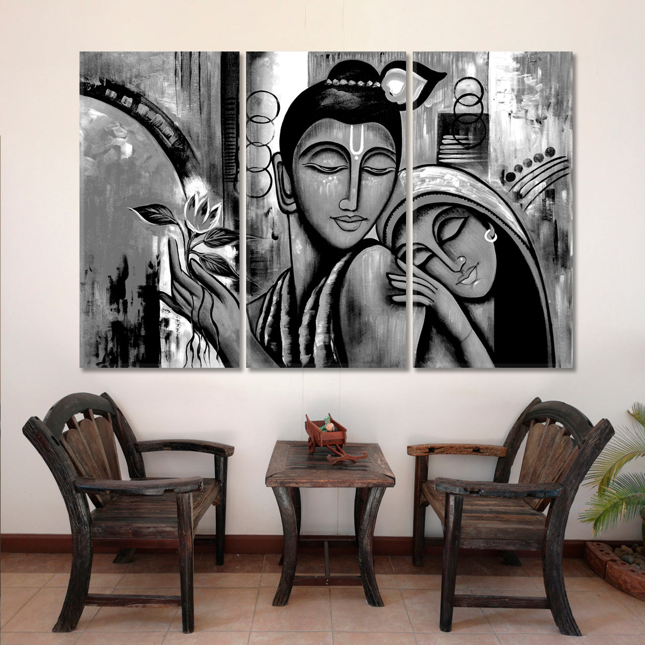 Lord Krishna Religious Abstract Black And White Religious Modern Art Artesty 3 panels 36" x 24" 