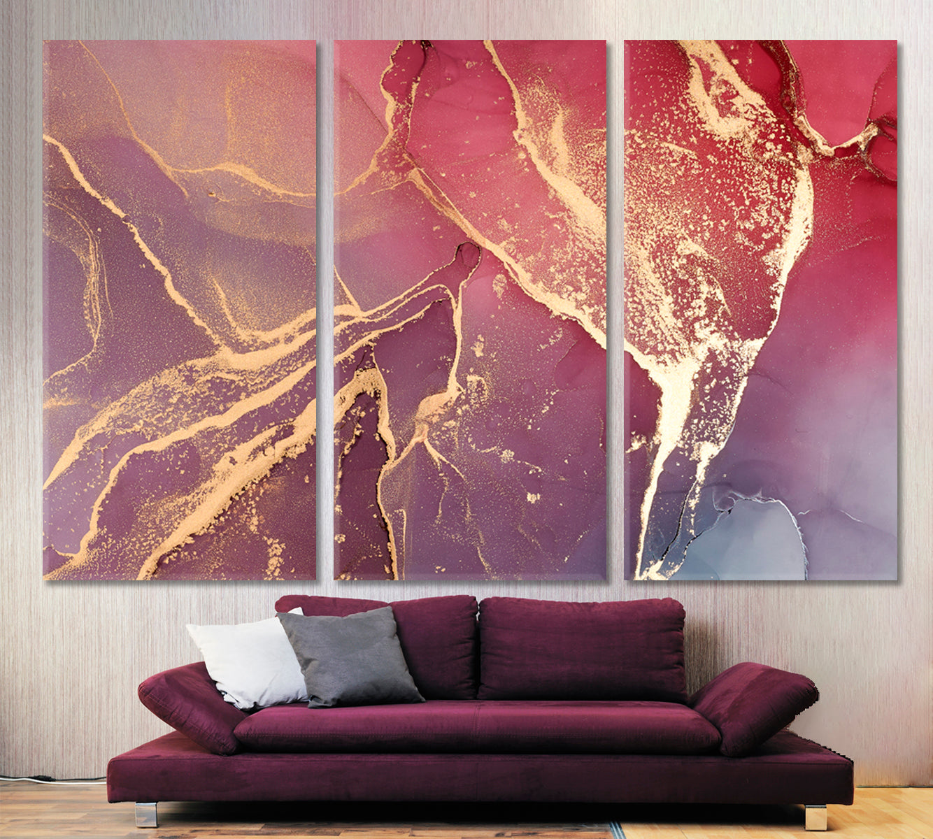 Purple Pink Abstract Marble Ink Fluid Veines Fluid Art, Oriental Marbling Canvas Print Artesty 3 panels 36" x 24" 