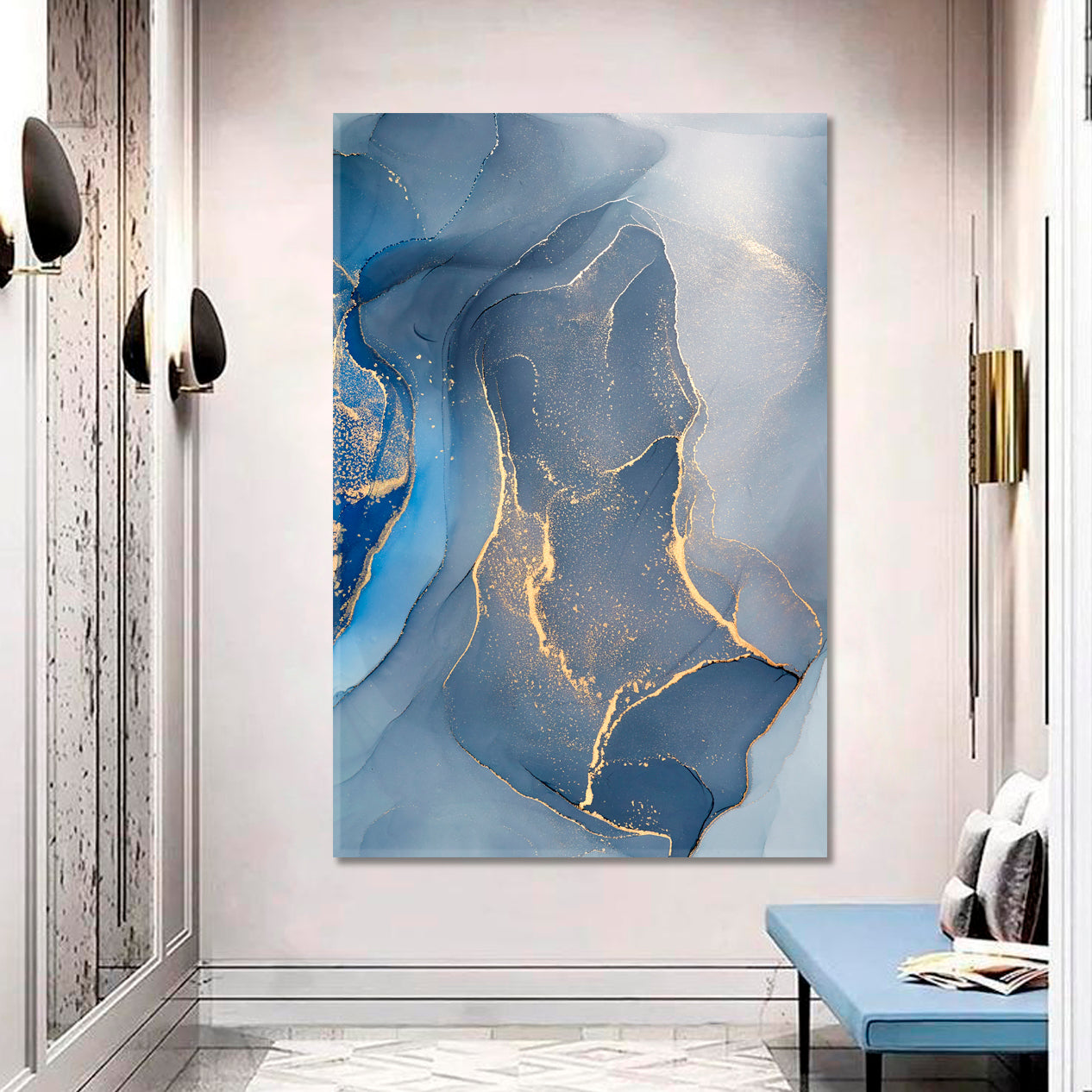 ABSTRACT STUNNING MARBLE Oriental Turkish Style Light Blue | Vertical Fluid Art, Oriental Marbling Canvas Print Artesty   