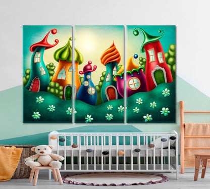 KIDS ROOM FANTASY CONCEPT Colorful Fairy Town Canvas Print Kids Room Canvas Art Print Artesty 3 panels 36" x 24" 