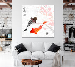 Koi Fishes Japanese Style Canvas Print - Square Asian Style Canvas Print Wall Art Artesty   