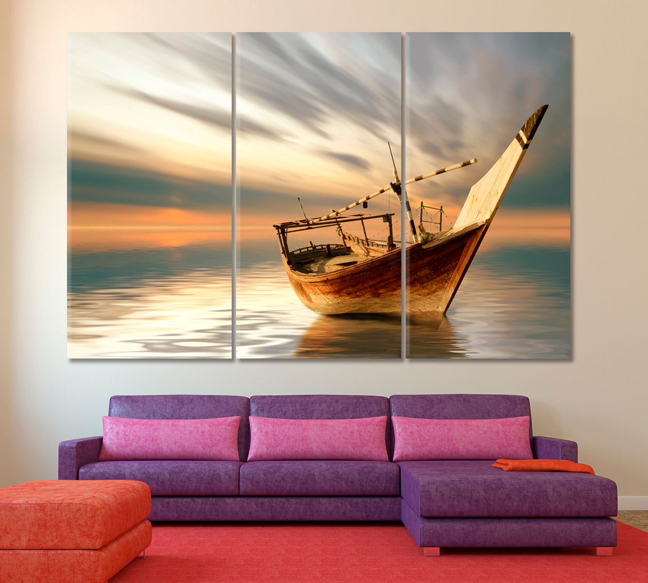 Lonely Boat Middle of the Sea Breathtaking Artistic Landscape Marine Life Canvas Print Scenery Landscape Fine Art Print Artesty   