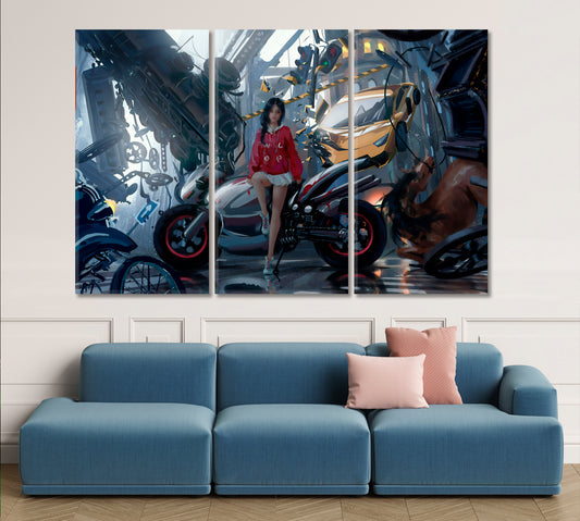 Anime Biker Girl Poster TV, Cartoons Wall Art Canvas Artesty 3 panels 36" x 24" 