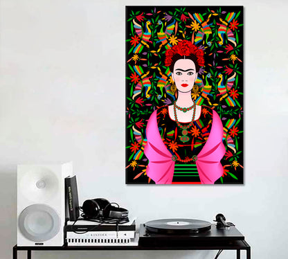 FRIDA KAHLO Abstract Art Traditional Hairstyle Mexican Crafts Jewelry and Dress  - Vertical 1 panel Celebs Canvas Print Artesty   