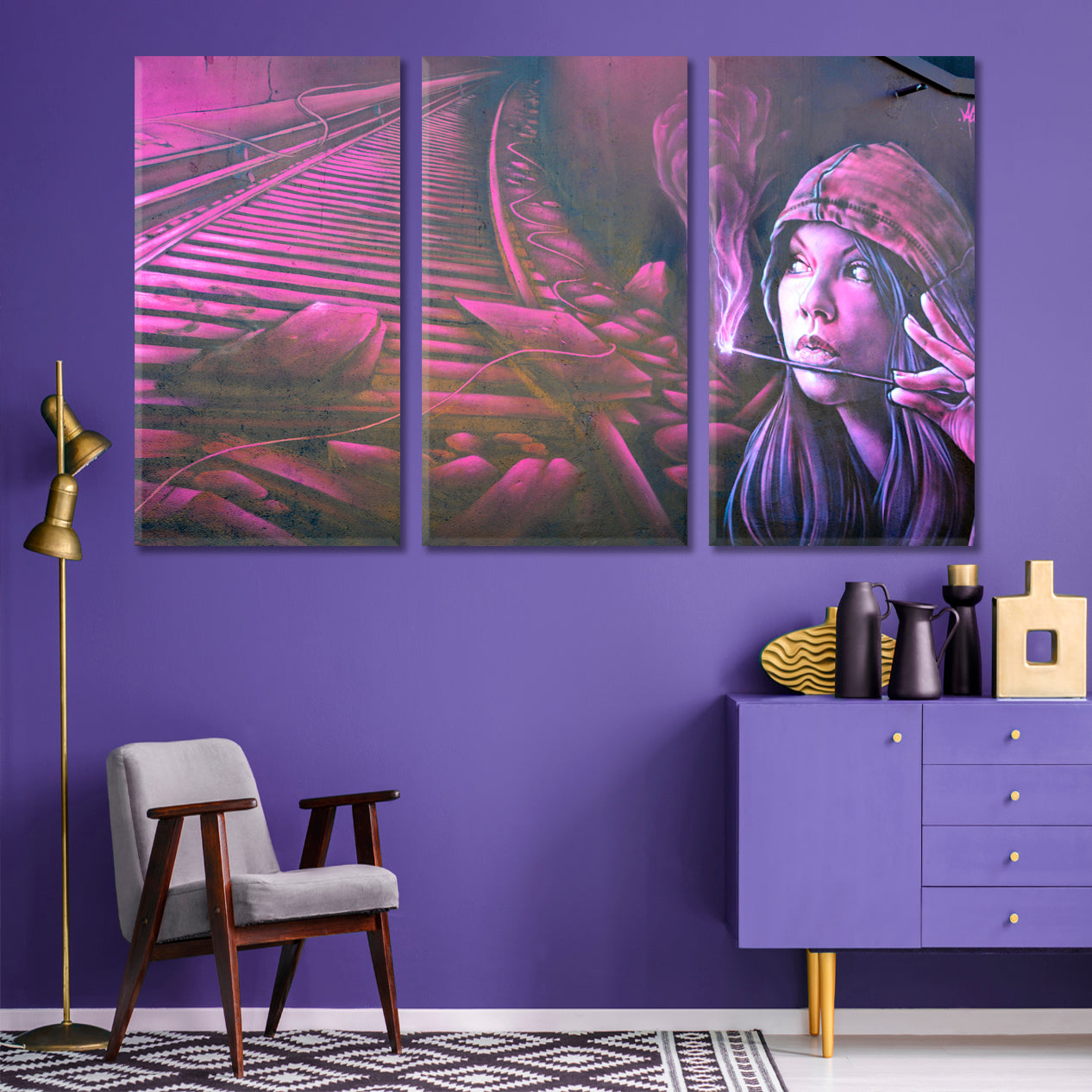 I'M WAITING Unique Street Art Urban Graffiti Girl Railroad Paris France Canvas Print Street Art Canvas Print Artesty 3 panels 36" x 24" 