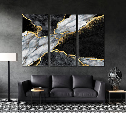 GRAY Marble Granite Gold Veins Abstract Giclée Print Fluid Art, Oriental Marbling Canvas Print Artesty   