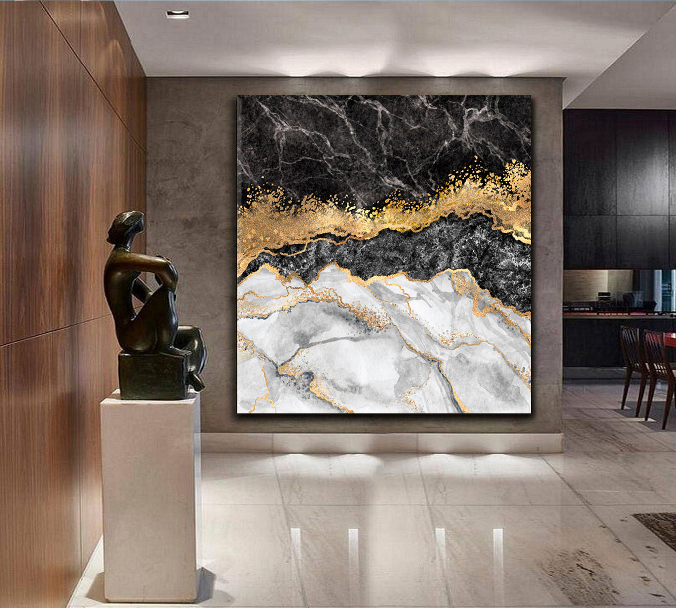 Black & Gold Abstract Marble Effect Canvas Print - Square Fluid Art, Oriental Marbling Canvas Print Artesty 1 Panel 12"x12" 
