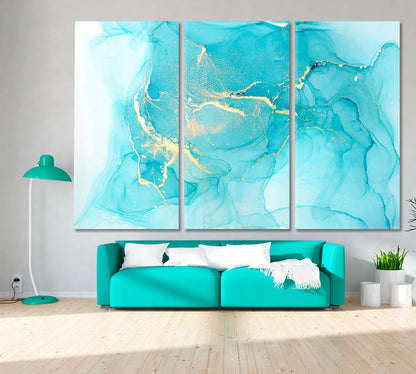 BLUE FROSTED MINT Marble Ink Color Pattern Creation Fluid Art, Oriental Marbling Canvas Print Artesty 3 panels 36" x 24" 