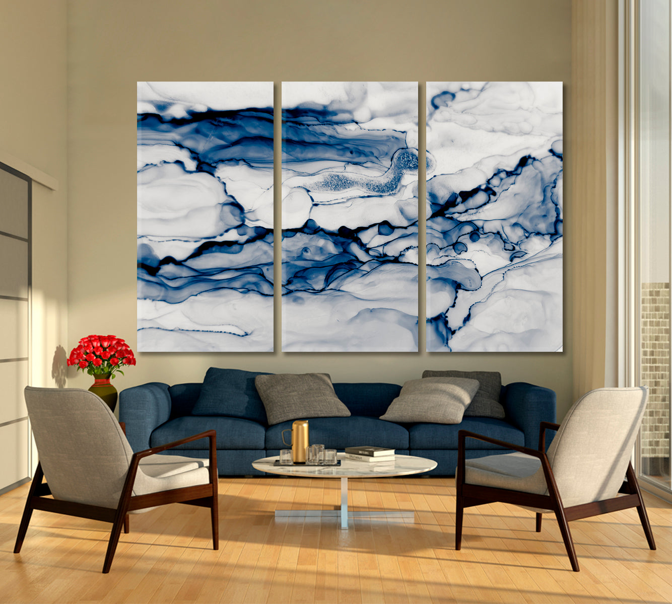 Chinese Ink Painting Blue Cool Dim Colors Marble Abstract Art Print Artesty 3 panels 36" x 24" 