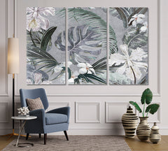 Gray Tropical Leaves Abstract Floral Poster Floral & Botanical Split Art Artesty 3 panels 36" x 24" 