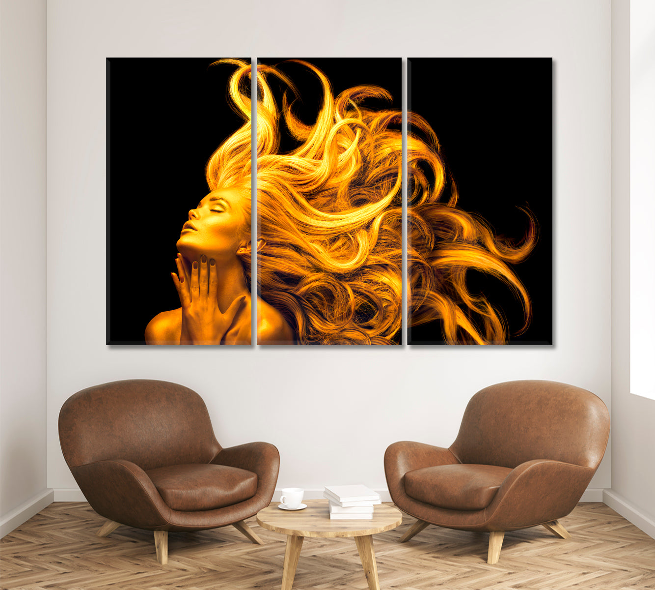 ART PORTRAIT Gold Beautiful Women Fluttering Hair Hairstyle Beauty Salon Artwork Prints Artesty 3 panels 36" x 24" 