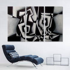 Cubism Style Abstract Black White Glass Bottle Cubist Trendy Large Art Print Artesty 3 panels 36" x 24" 