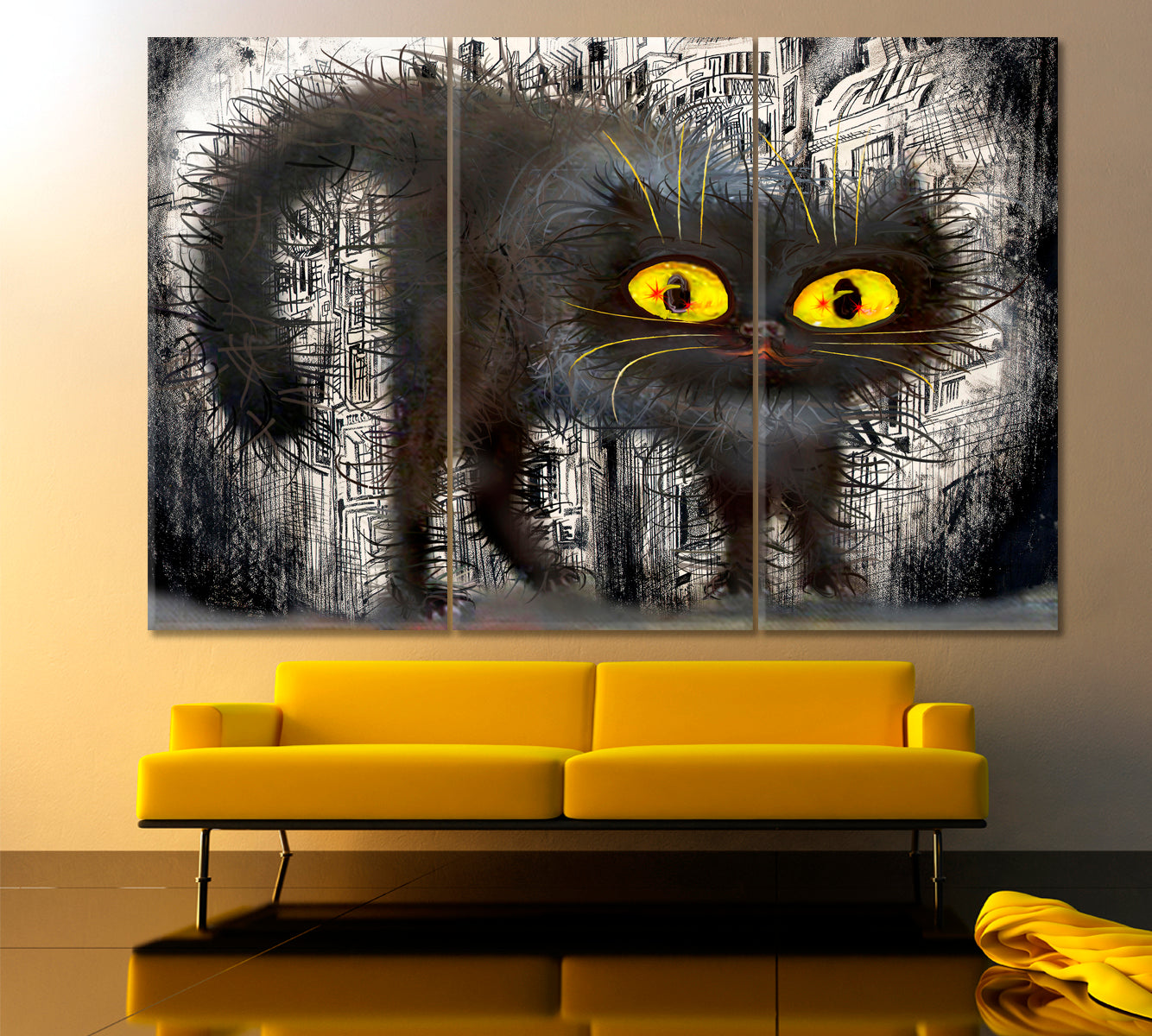 CUTE BLACK CAT Yellow Eyes at Night Whimsical Animals Fine Art Canvas Print Animals Canvas Print Artesty 3 panels 36" x 24" 