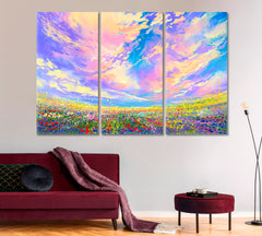 COLORFUL LANDSCAPE Field Flowers Beautiful Clouds Fine Art Artesty 3 panels 36" x 24" 