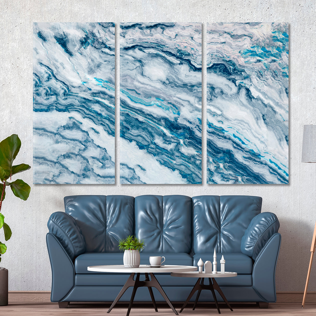 BLUE Marble Swirl Veins Fluid Art, Oriental Marbling Canvas Print Artesty 3 panels 36" x 24" 