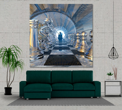 FANTASY Surreal Silent Watcher on the Chessboard Canvas Print - Square Panel Surreal Fantasy Large Art Print Décor Artesty   