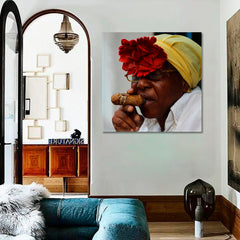 HAVANA Cuban African American Woman Cigar Smoking Head Scarf | Canvas Print - Square Panel People Portrait Wall Hangings Artesty   