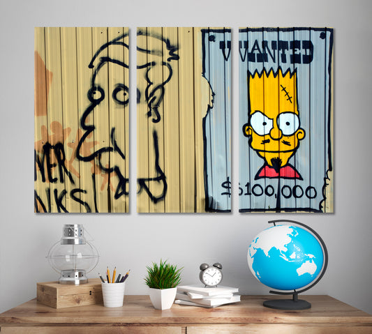LOOKING FOR A STREET ART Urban Graffiti Bart Simpson Wanted! Montreal Canada Whimsical Canvas Print Street Art Canvas Print Artesty 3 panels 36" x 24"