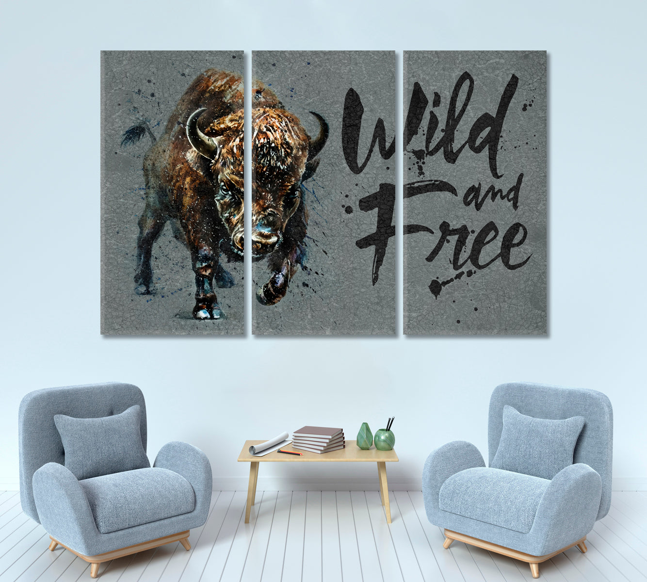 BULL Buffalo Bison Grunge Style Office Wall Art Canvas Print Artesty 3 panels 36" x 24" 