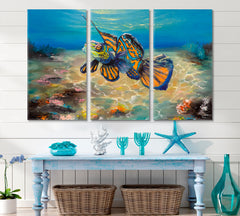 Mandarin Goldfish Sea Bottom Sea Turquoise Cristal Clear Water Nautical, Sea Life Pattern Art Artesty 3 panels 36" x 24" 