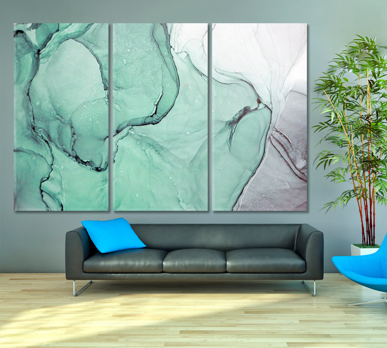 GREEN ASH Beautiful Soft Alcohol Ink Modern Marble Veins Fluid Pattern Fluid Art, Oriental Marbling Canvas Print Artesty 3 panels 36" x 24" 