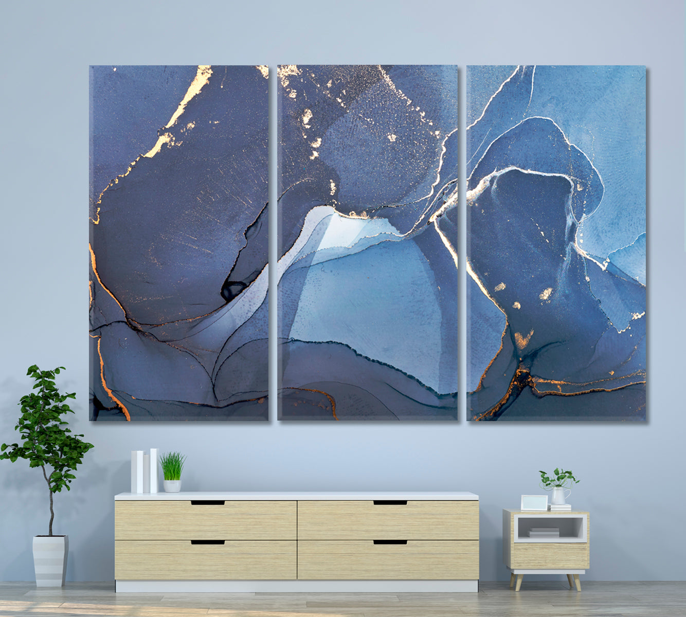 Bright Blue Abstract Marble Veines Fluid Art, Oriental Marbling Canvas Print Artesty 3 panels 36" x 24" 