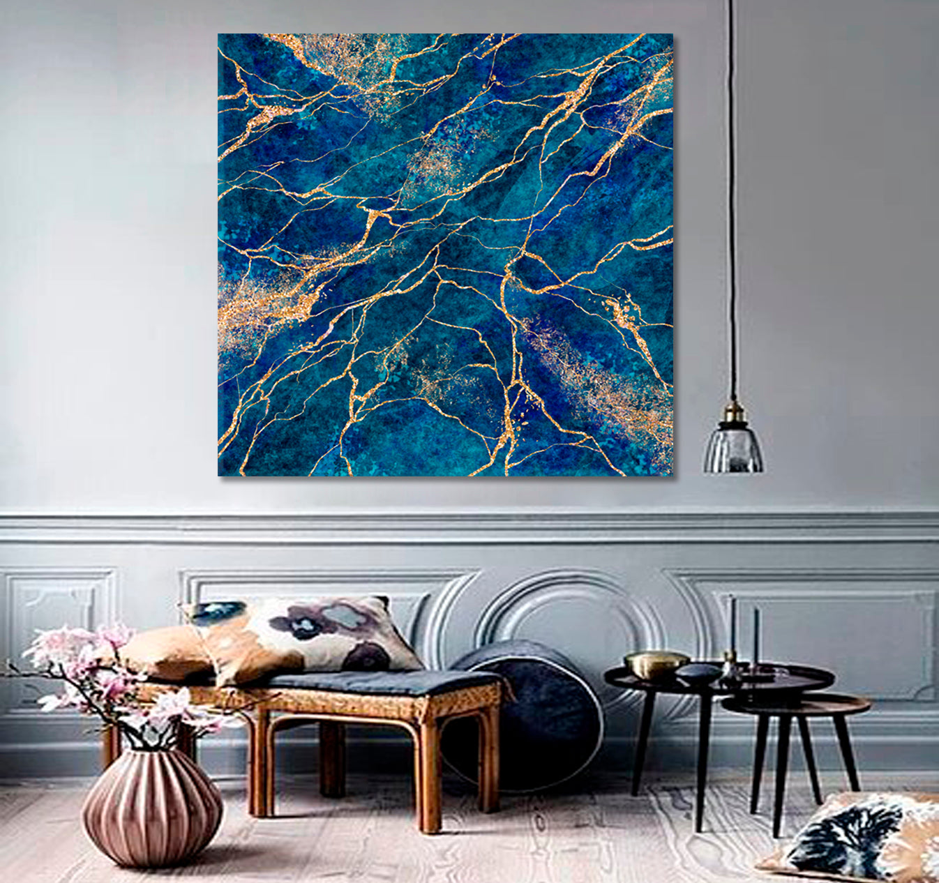 Abstract Blue Natural Stone Luxury Style Swirls of Marble | Square Fluid Art, Oriental Marbling Canvas Print Artesty   