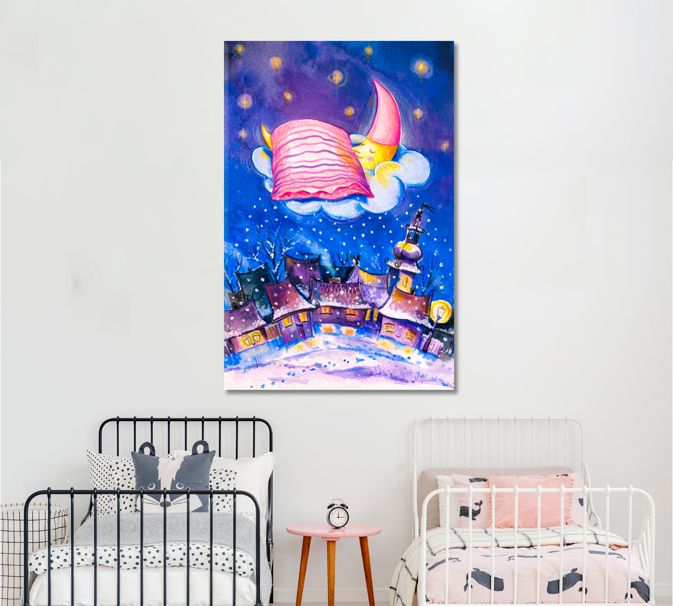 Sleeping Moon on Cloud Kids Room Concept Canvas Print | Vertical Kids Room Canvas Art Print Artesty   