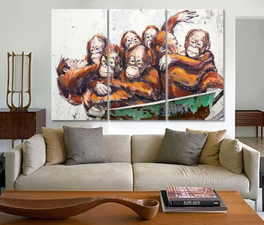 BANKSY STYLE GRAFFITI Orangutans in a Wheelbarrow Street Art Street Art Canvas Print Artesty 3 panels 36" x 24" 