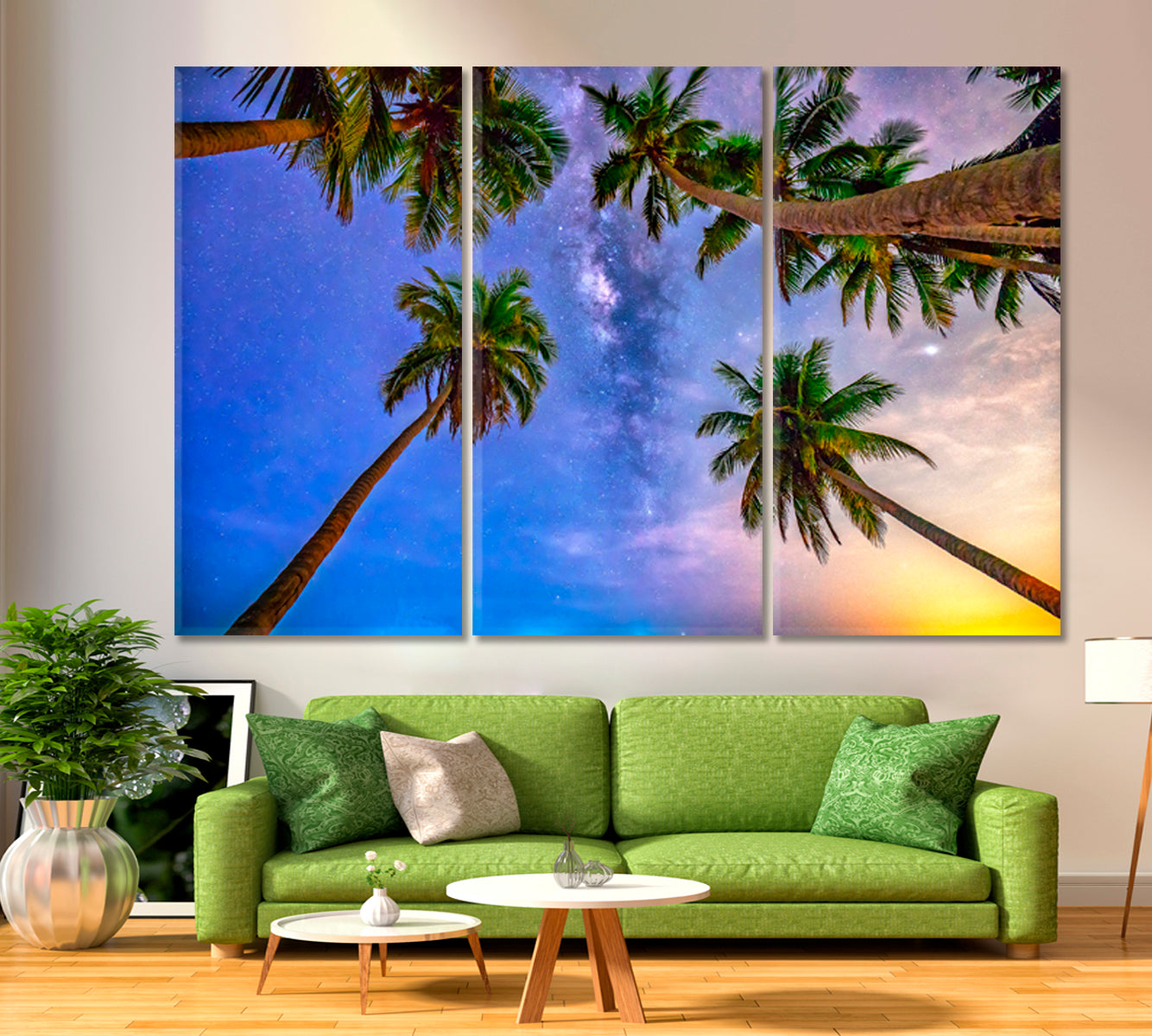 Coconut Palms Trees Milky Way Sky on a beautiful Summer Night Landscape Tropical, Exotic Art Print Artesty 3 panels 36" x 24" 
