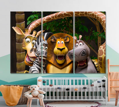 MADAGASCAR Kids Room Nursery Concept Cute Animals Cartoon Canvas Print TV, Cartoons Wall Art Canvas Artesty 3 panels 36" x 24" 