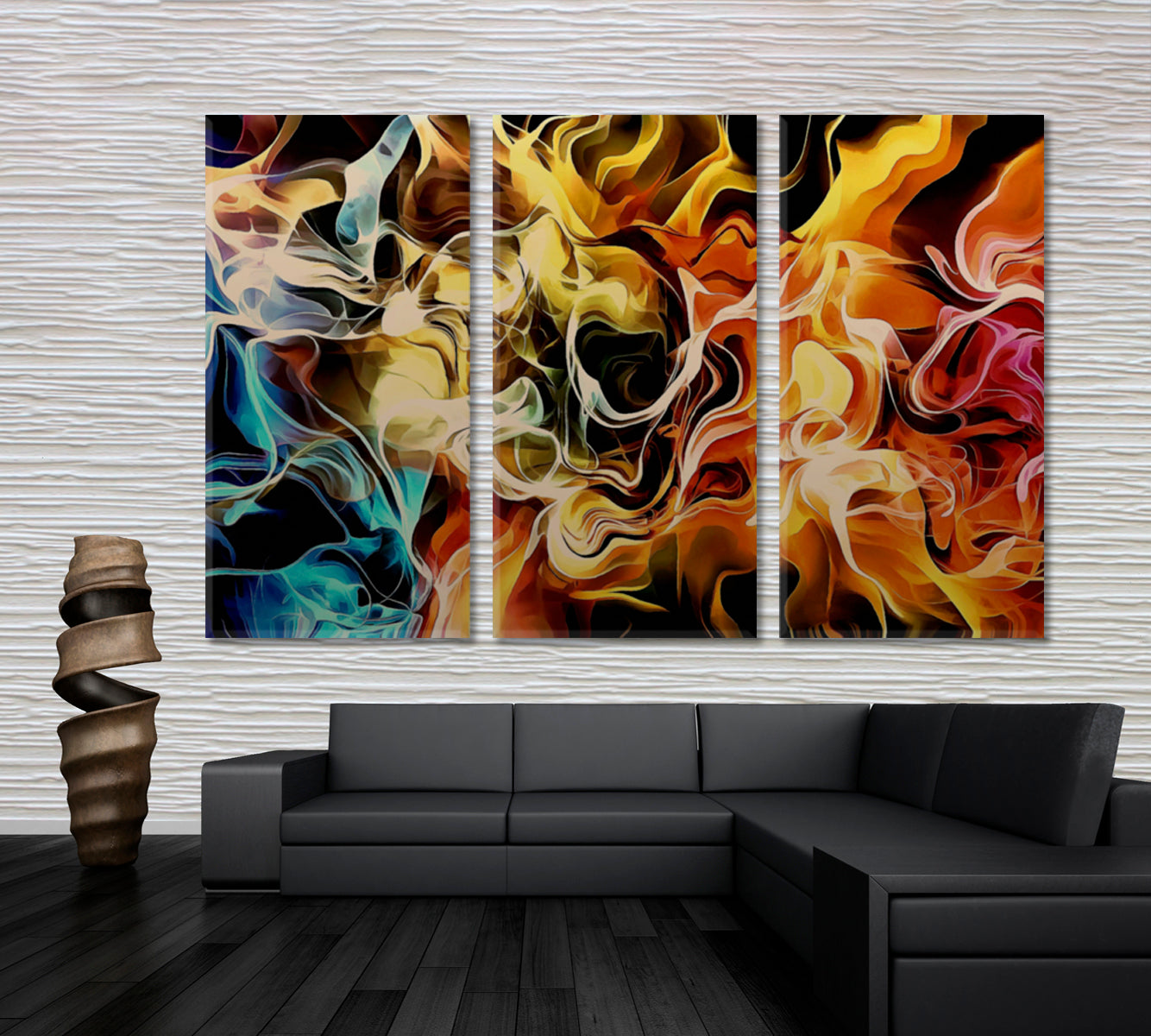 Trendy Abstract Multi Color Fire Smoky Fractal Pattern Abstract Art Print Artesty 3 panels 36" x 24" 