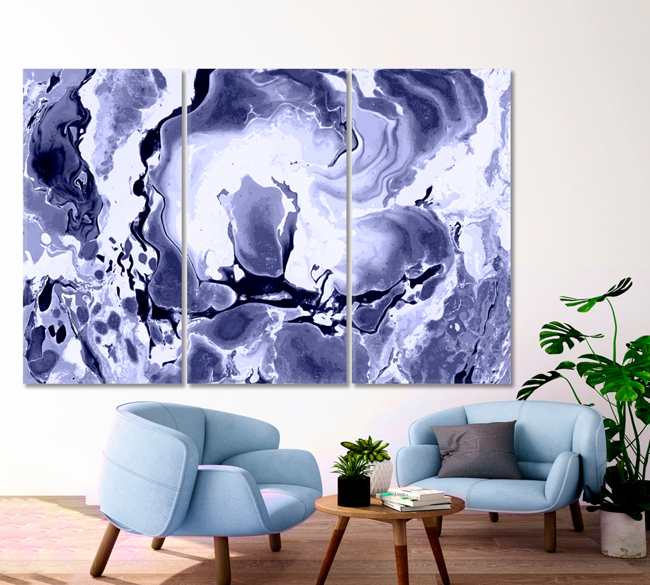 ART ON WATER Abstract Marble Liquid Paint Pattern Fluid Art, Oriental Marbling Canvas Print Artesty 3 panels 36" x 24" 