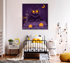 FAIRY TALE Huge Fairy Yule Cat Dreamlike Surreal Kid's Art Canvas Print | Square Panel Kids Room Canvas Art Print Artesty   