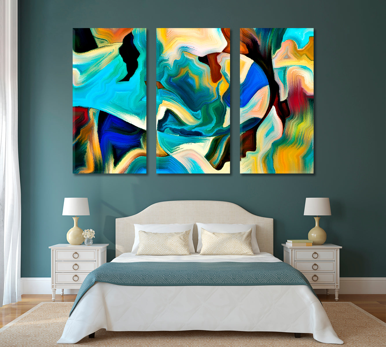 Sacred Reality Abstraction, Human Profiles Lines Colors And Shapes Abstract Art Print Artesty 3 panels 36" x 24" 