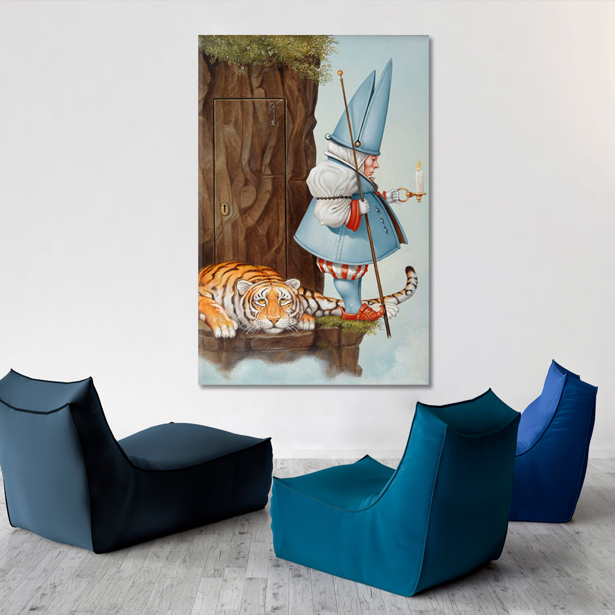 SECRET DOOR Gnome With Candle & Tiger Surrealistic Painting Surreal Fantasy Large Art Print Décor Artesty   