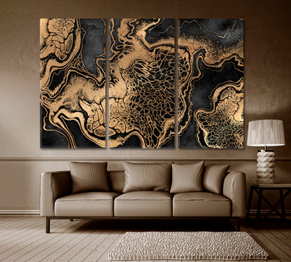 Luxury Black And Gold Abstract Marble With Veins Giclée Print Fluid Art, Oriental Marbling Canvas Print Artesty   