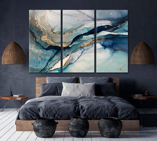 MARBLE VEINING Translucent Blue Meandering Lines Golden Veins Fluid Art, Oriental Marbling Canvas Print Artesty 3 panels 36" x 24" 