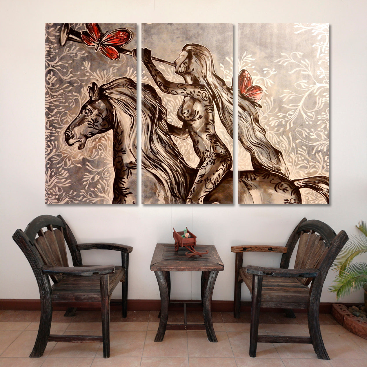 GORGEOUS HORSEWOMAN BEAUTIFUL AMAZON Fine Art Brown Tones Fine Art Artesty 3 panels 36" x 24" 